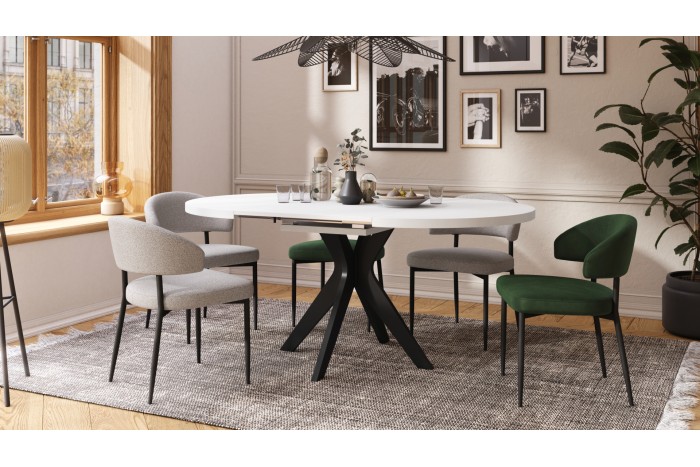 RENZO Alb/picior negru - MASĂ ROTUNDĂ Ø110 EXTENSIBILĂ PÂNĂ LA 180 cm | PENTRU BUCĂTĂRIE SUFRAGERIE LIVING RETRO