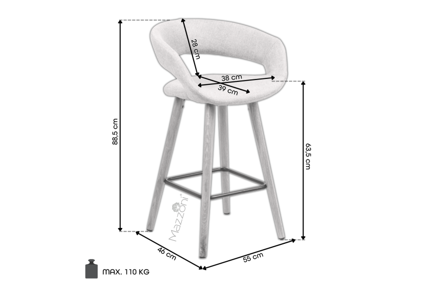 MIA Gri Deschis (material Corsica 40)/cadru de stejar-negru - HOCKER SCAUN DE BAR TAPIȚAT PENTRU BUCĂTĂRIE SALON RESTAURANT